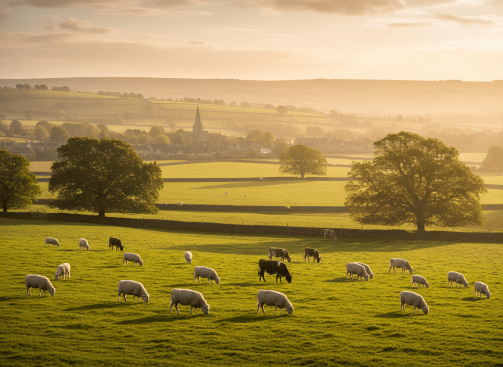 A peaceful pastoral English countryside scene at golden hour, with sheep and cattle grazing in green fields, soft warm light, rolling hills in the background. Photorealistic, dignified, calm atmosphere evoking animal welfare themes.