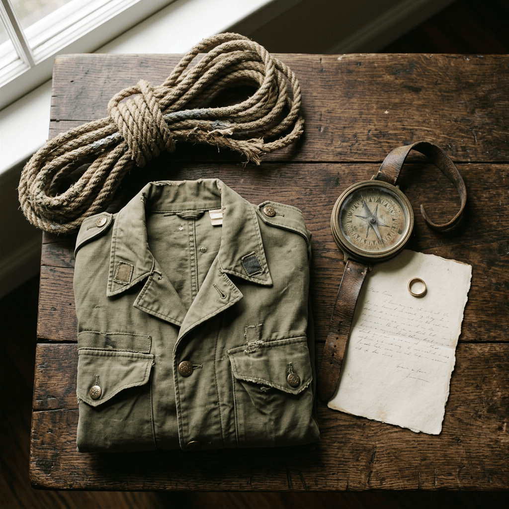 Vintage field jacket, coiled rope, compass, handwritten letter, and ring on wooden table